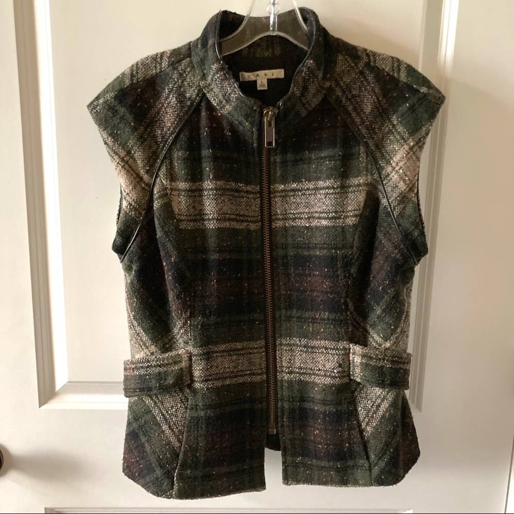 CAbi Dark Green and Brown Plaid Vest